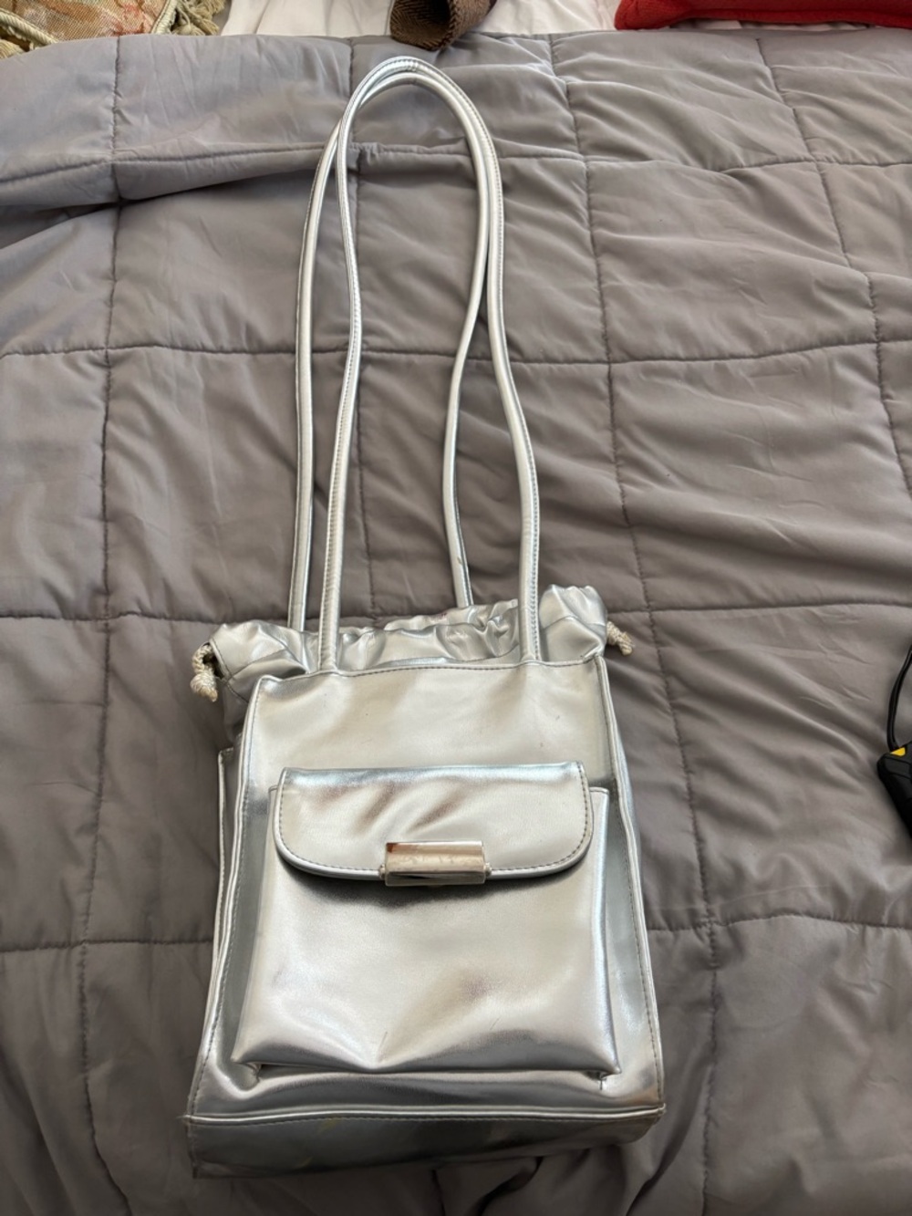 Metallic Silver Drawstring Shoulder Bag